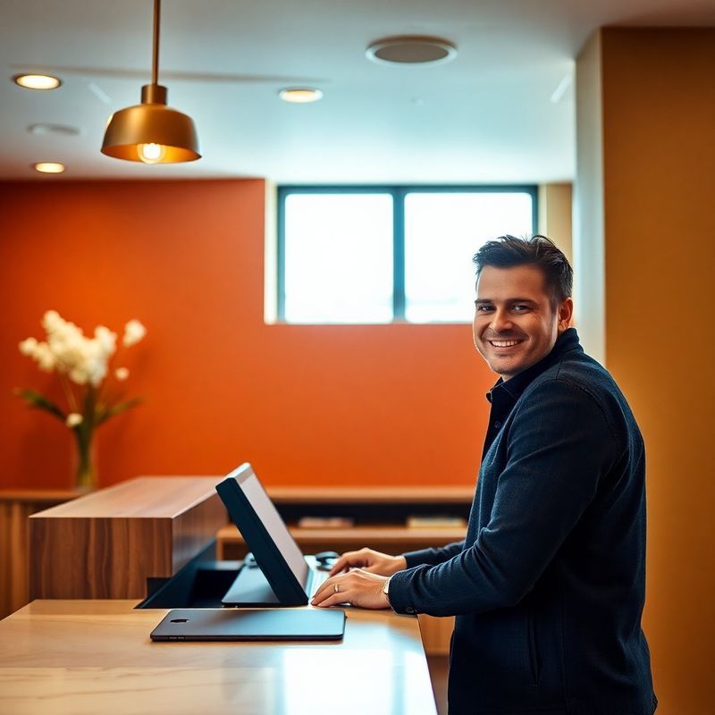Smiling member signing in at the Ashford Group front desk